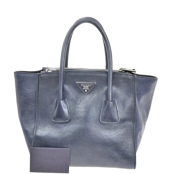 PRADA Milano Logo Hand Bag Leather Navy Blue SHW 35EF199 - Picture 1 of 16
